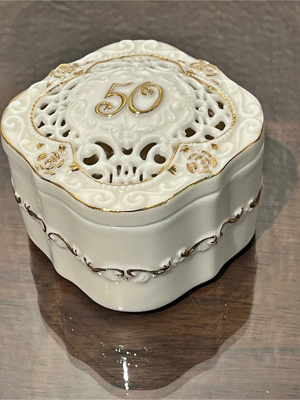 Vintage 50th Anniversary Small Porcelain Trinket Box with Gold details